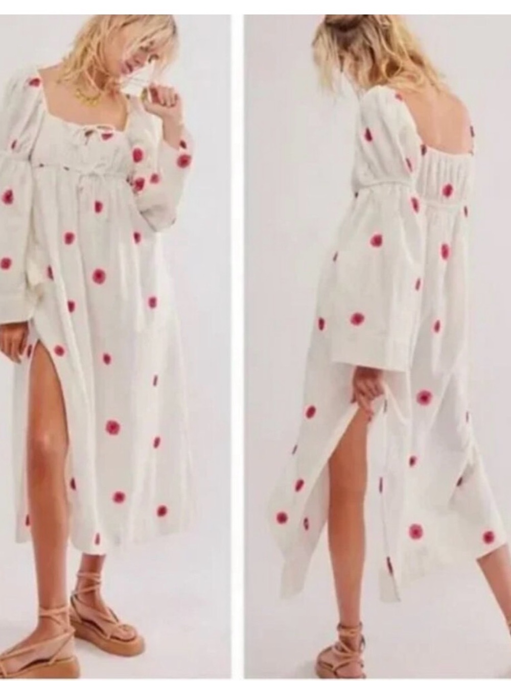 Free People White Maxi Dress with Pink Floral Dot Print